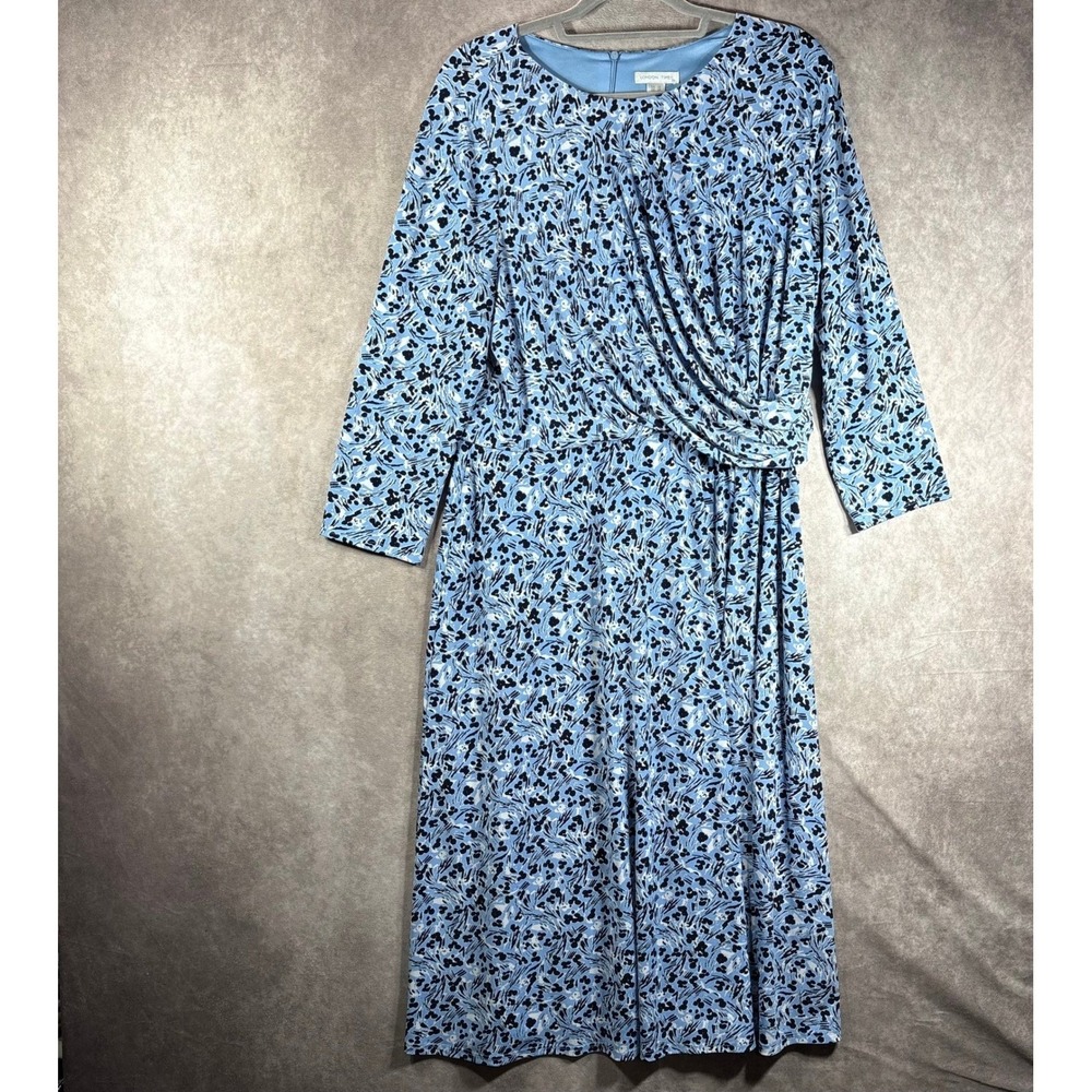 London Times Dress Womens 16 Blue Floral Faux Wrap Ruched Midi Stretch Career